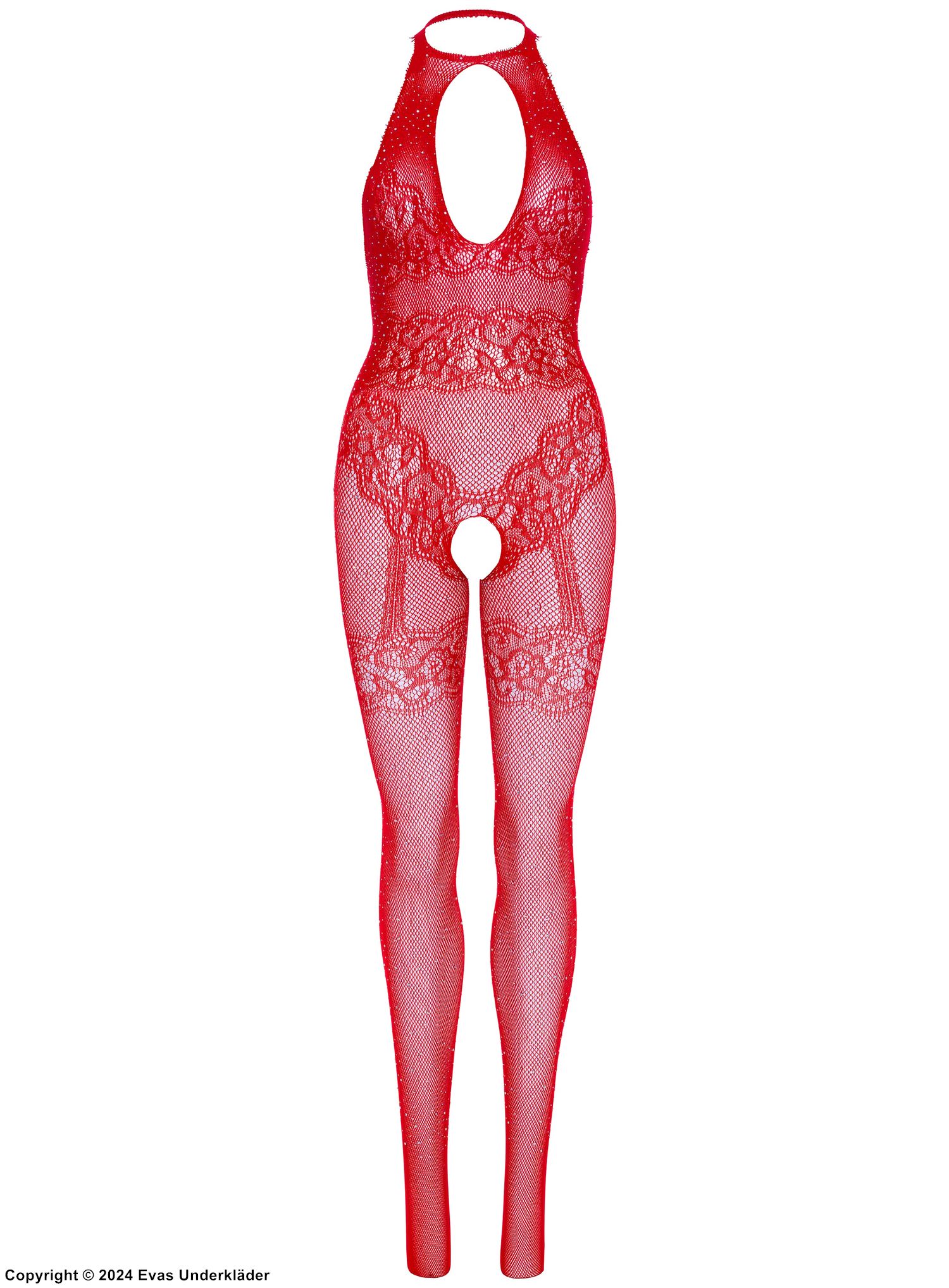 Elegant bodystocking, fishnet, rhinestones, open crotch, keyhole, stockings imitation